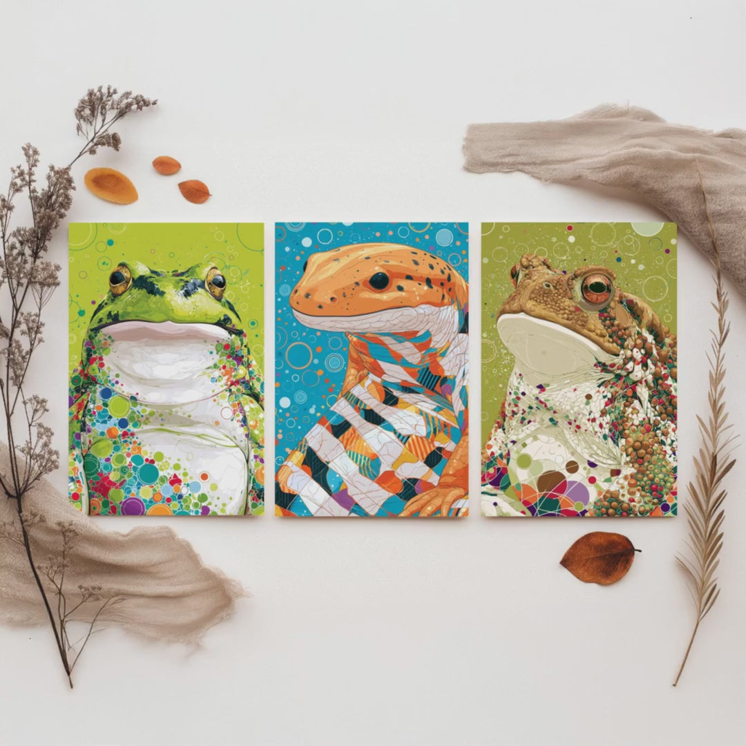 Amphibians Set of Three Art Prints - Frog, Salamander, Toad - Colourful Animal Wall Art Poster Painting Gift Nature Decor