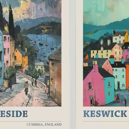 Set of Three Cumbria Travel Posters - Ambleside, Keswick, Windermere - 3 Modern Art Prints - Photo Painting Illustration Gift Visit Map Lake