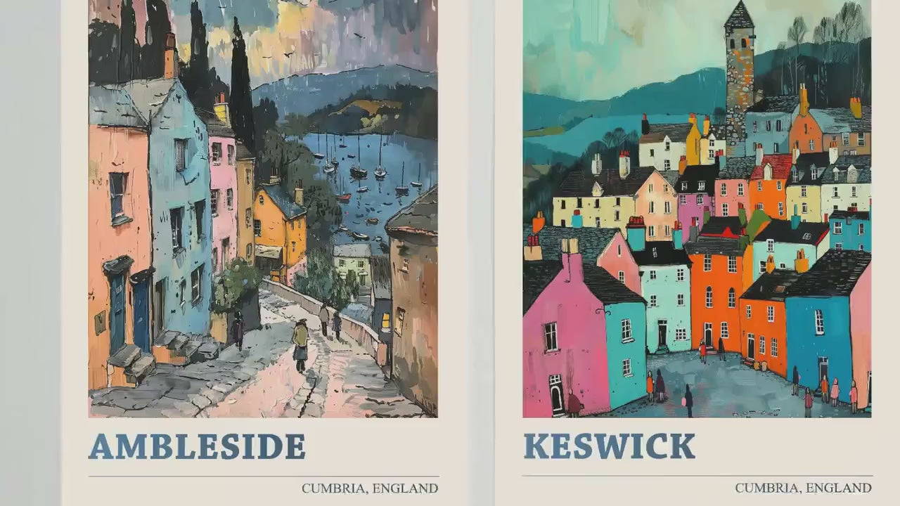 Set of Three Cumbria Travel Posters - Ambleside, Keswick, Windermere - 3 Modern Art Prints - Photo Painting Illustration Gift Visit Map Lake