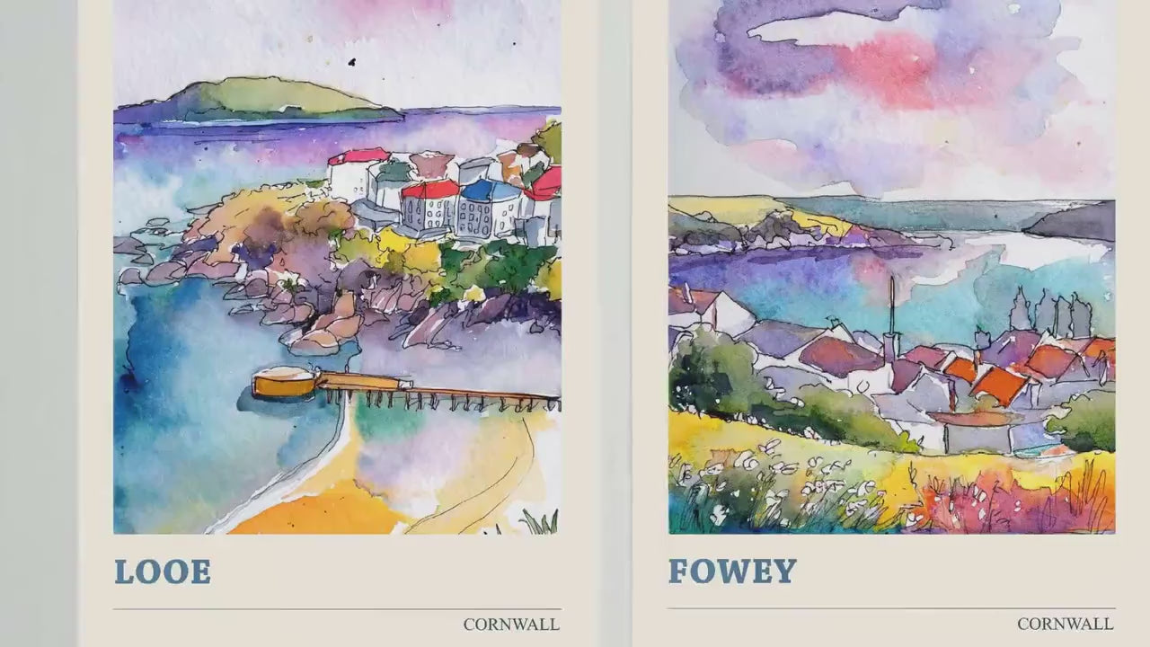 Set of Three Watercolour Paintings of Looe, Fowey and Padstow - Cornwall Art Prints Colourful Paintings - Set of 3 Home Wall Décor Posters