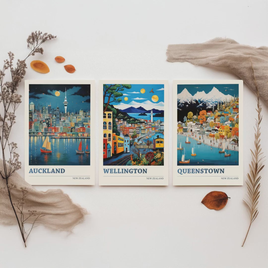 New Zealand Set of Three Travel Posters - Auckland, Wellington, Queenstown - Vibrant Art Print Illustration Gift Wall Art
