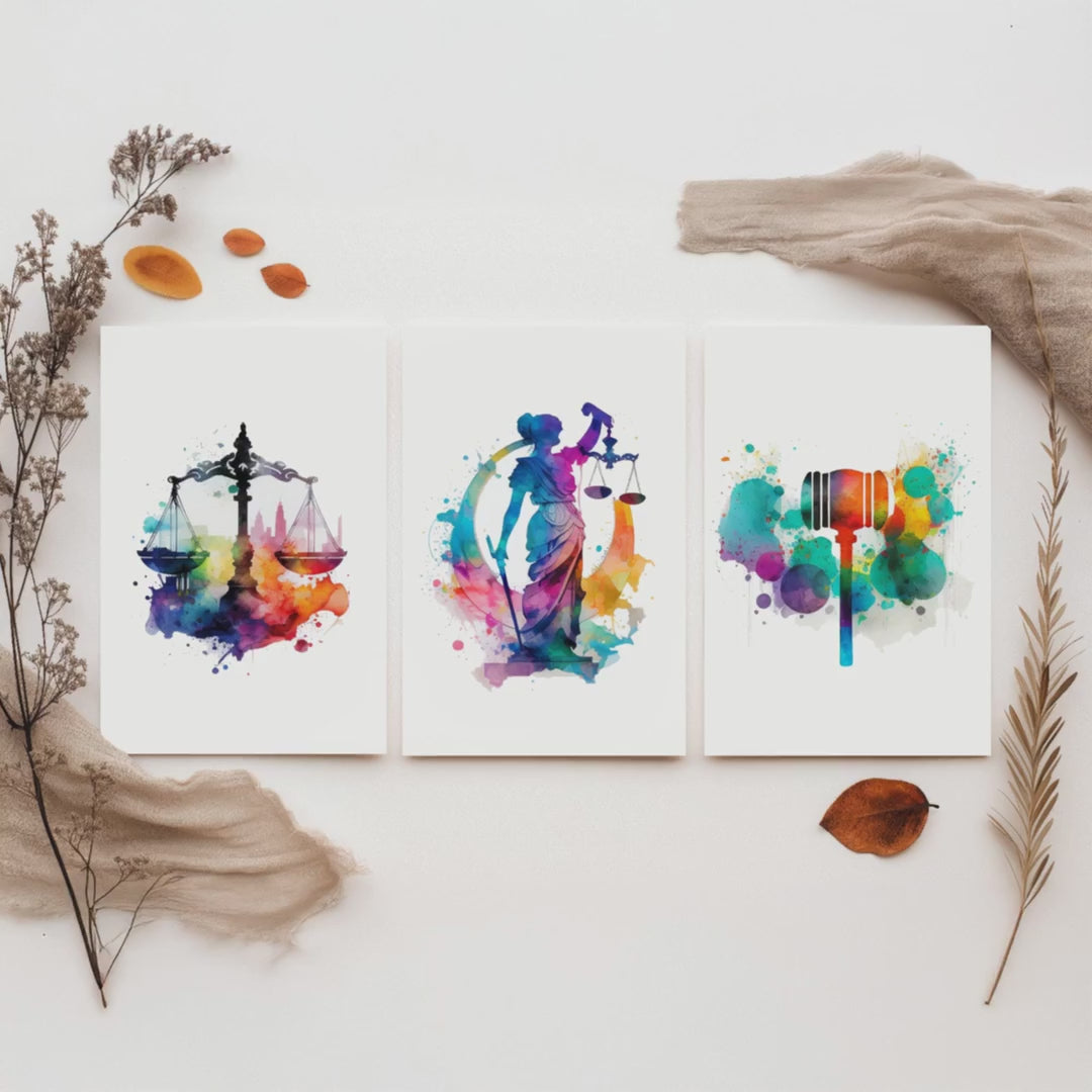 Justice Watercolour Set of Three Art Prints - Scales, Lady Justice, Gavel - Lawyer Gift Poster Wall Art Painting Law Decor