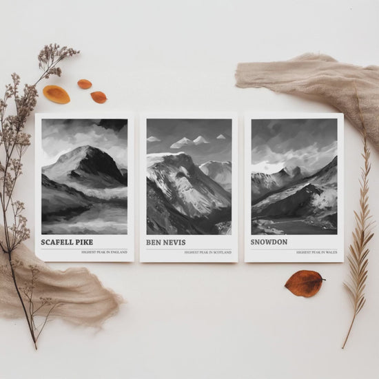 Three Peaks of the UK Set of Three Black & White Art Prints - Scafell Pike, Ben Nevis, Snowdon - Poster Painting Gift Decor