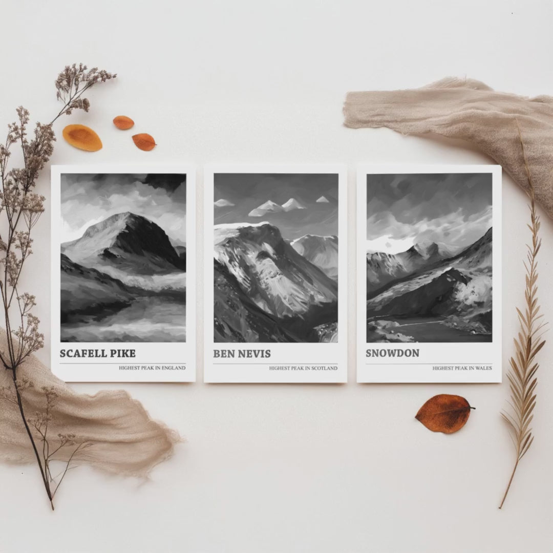 Three Peaks of the UK Set of Three Black & White Art Prints - Scafell Pike, Ben Nevis, Snowdon - Poster Painting Gift Decor