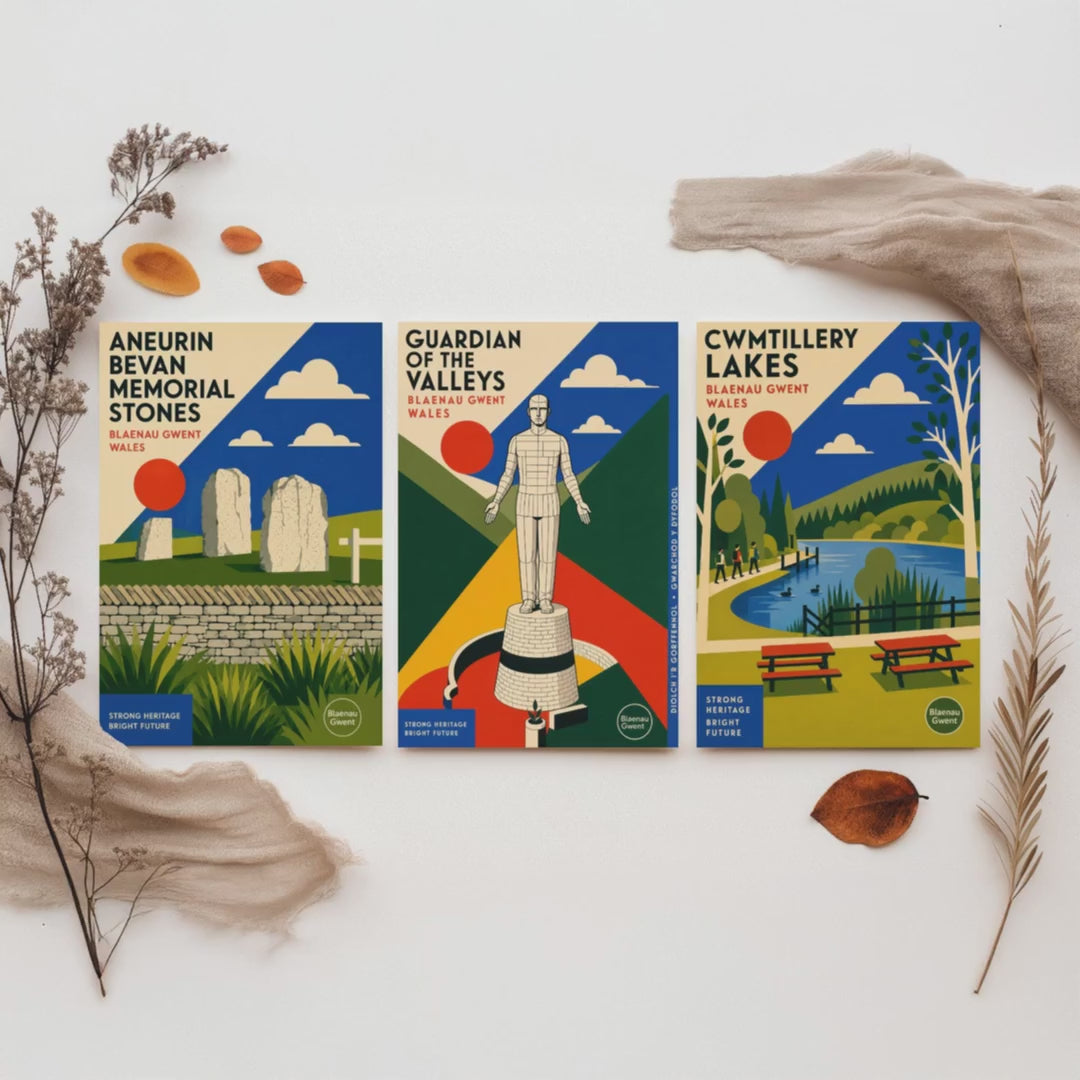 Blaenau Gwent Wales Set of Three Travel Posters - Aneurin Bevan Stones, Guardian of the Valleys, Cwmtillery Lakes - Art Print Illustration