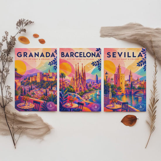 Spain Set of Three Travel Posters - Granada, Barcelona, Sevilla - Vibrant Spanish Art Print Illustration Gift Cityscape Decor