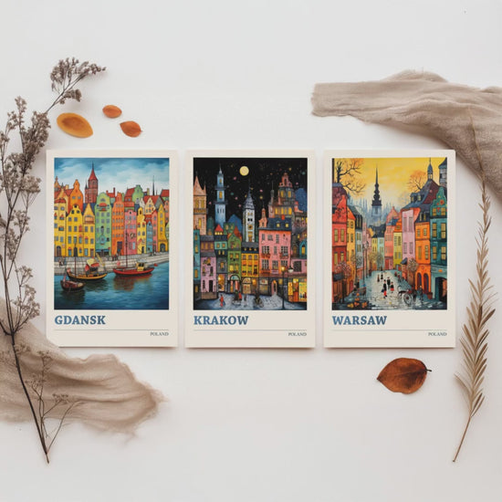 Poland Set of Three Travel Posters - Gdansk, Krakow, Warsaw - Vibrant Art Print Painting Gift Polish Wall Art Cityscape