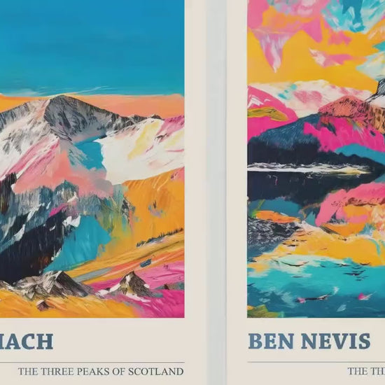 Set of Three Peaks of Scotland Posters - Braeriach, Ben Nevis, Ben Macdui - 3 Art Prints Painting Illustration Gift Visit Map Mount Mountain