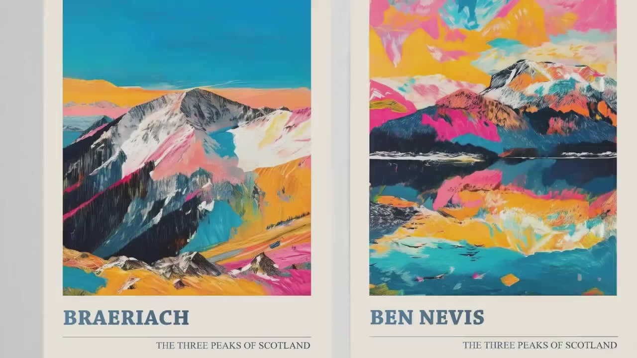 Set of Three Peaks of Scotland Posters - Braeriach, Ben Nevis, Ben Macdui - 3 Art Prints Painting Illustration Gift Visit Map Mount Mountain