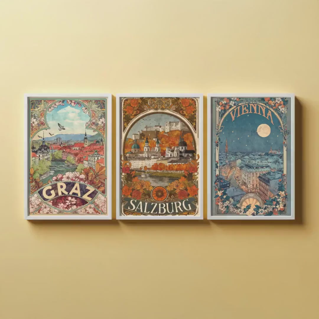 Graz, Salzburg and Vienna Prints in Art Nouvea Style - Set of Three Austria City Posters - Paintings of Austrian Landmarks - Travel Gift