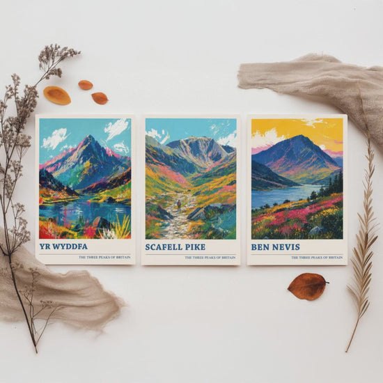 Set of Three National Three Peaks Travel Posters - Yr Wyddfa, Scafell Pike, Ben Nevis - Vibrant Art Print Painting Gift V4