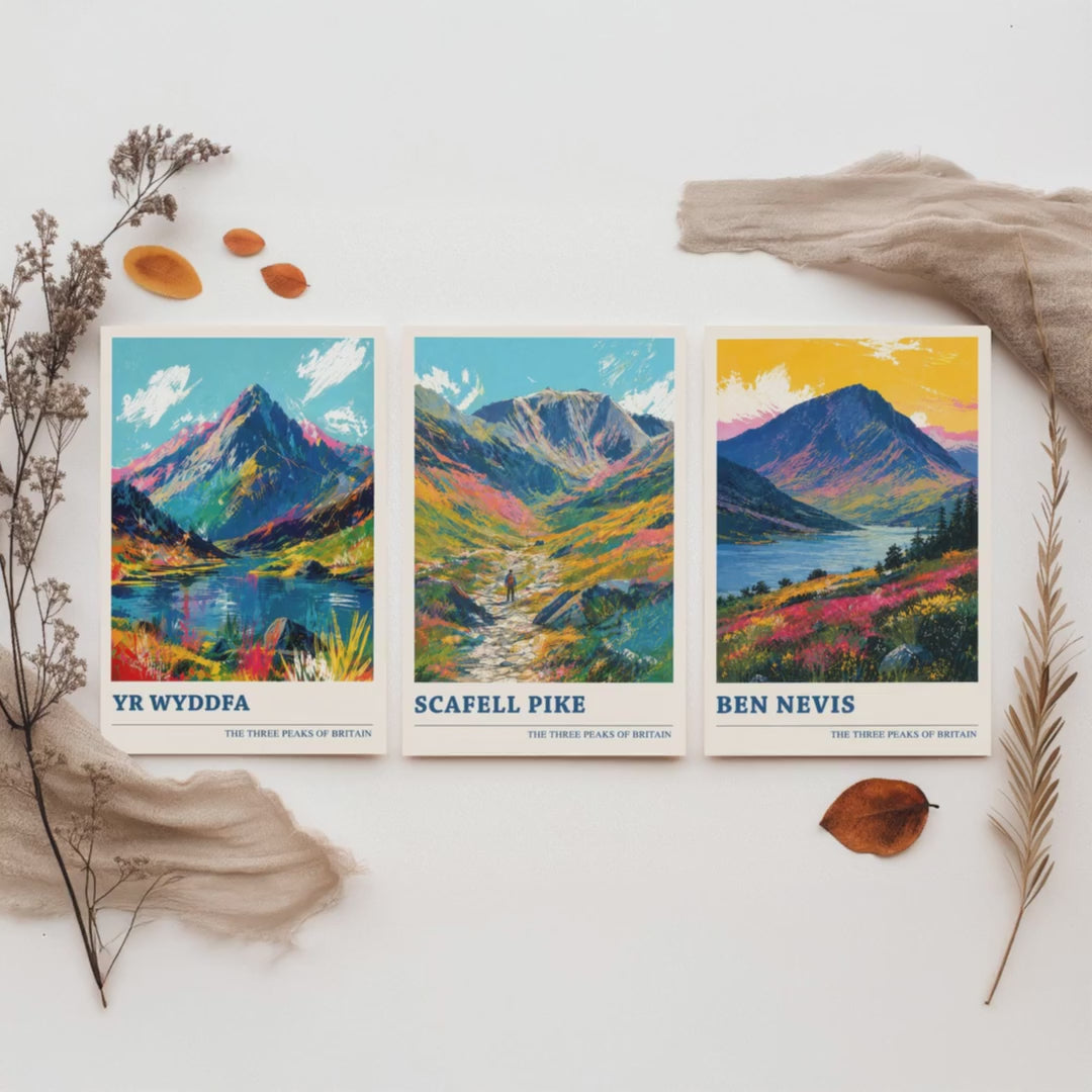 Set of Three National Three Peaks Travel Posters - Yr Wyddfa, Scafell Pike, Ben Nevis - Vibrant Art Print Painting Gift V4