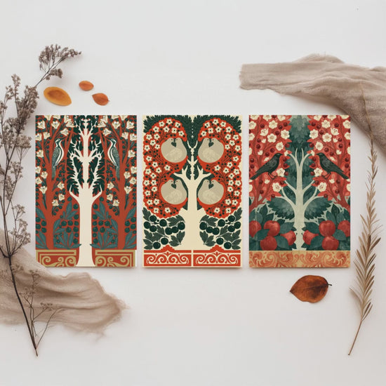 Scottish Book of the Woodlands Art Prints - Set of Three Red & Green Forest Posters - Woodpecker and Robin Paintings V16