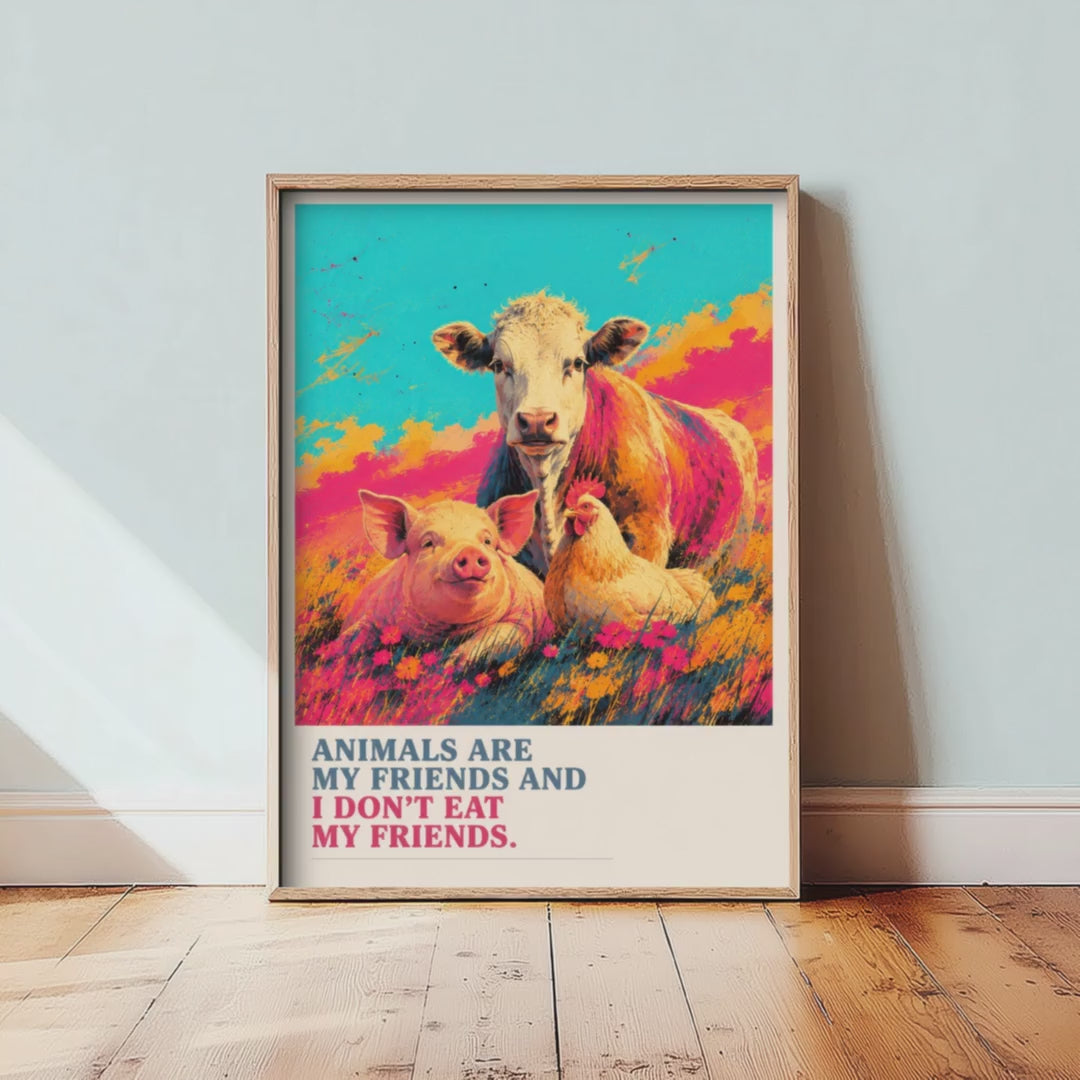 Animals Are My Friends Art Print - Pop Art Vegan Quote Poster - Cow Pig Hen Illustration 3/3