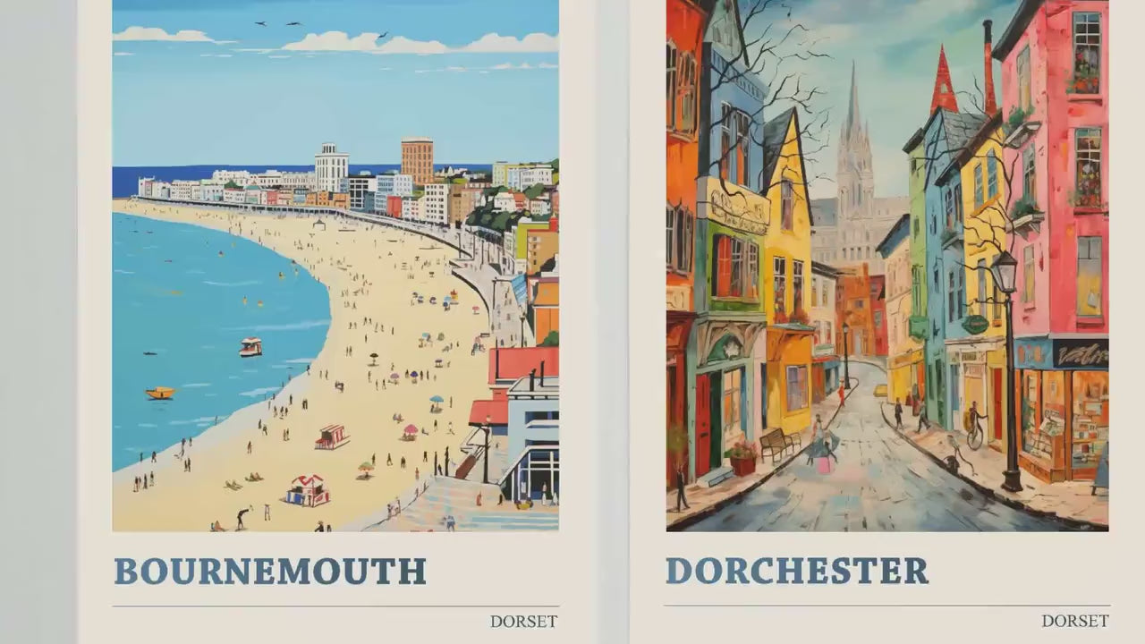 Set of Three Dorset Travel Posters V1 - Bournemouth, Dorchester, Weymouth - 3 Modern Art Prints - Photo Painting Illustration Gift Visit Map