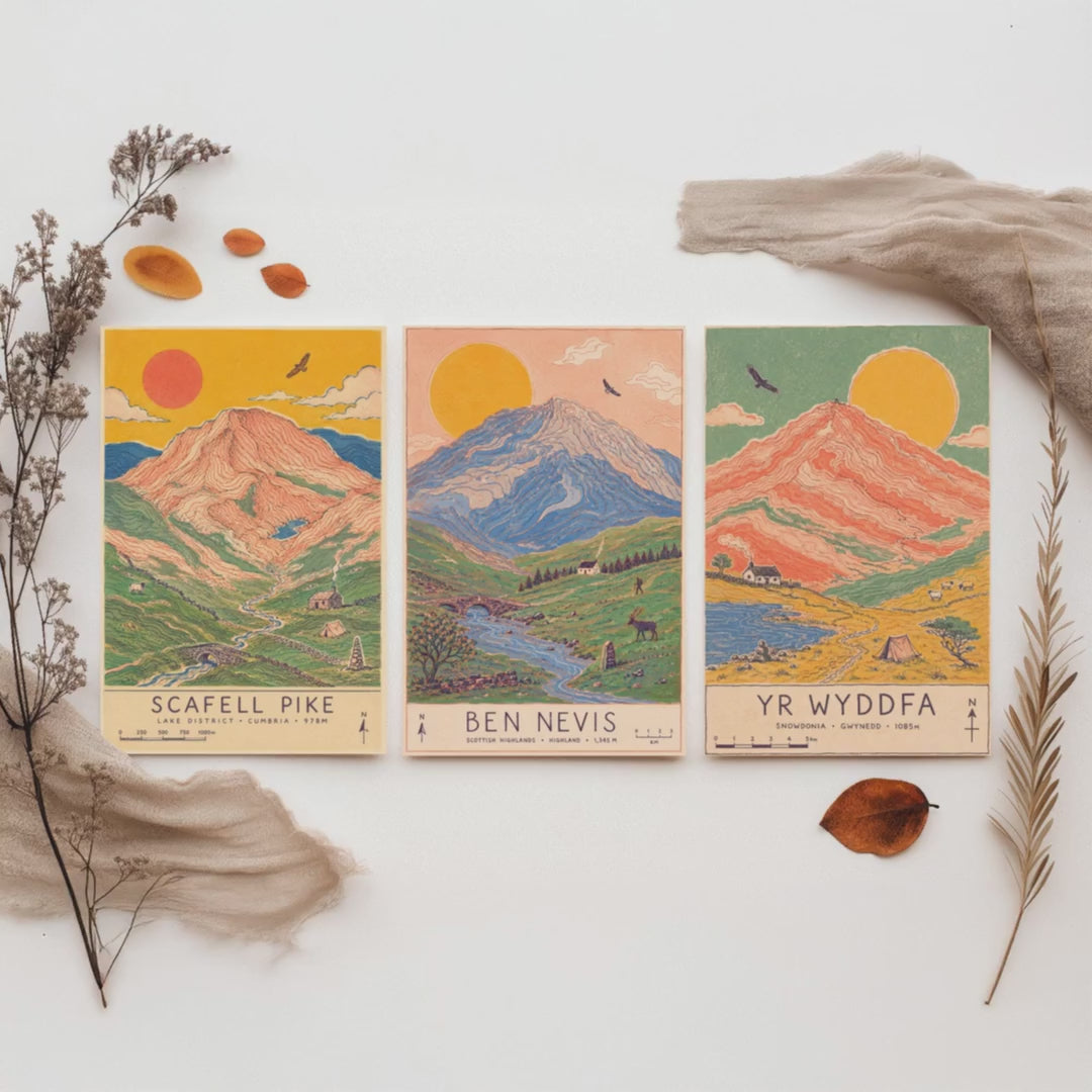National Three Peaks Set of Three Travel Posters - Scafell Pike, Ben Nevis, Yr Wyddfa - Art Print Illustration Gift Hiking