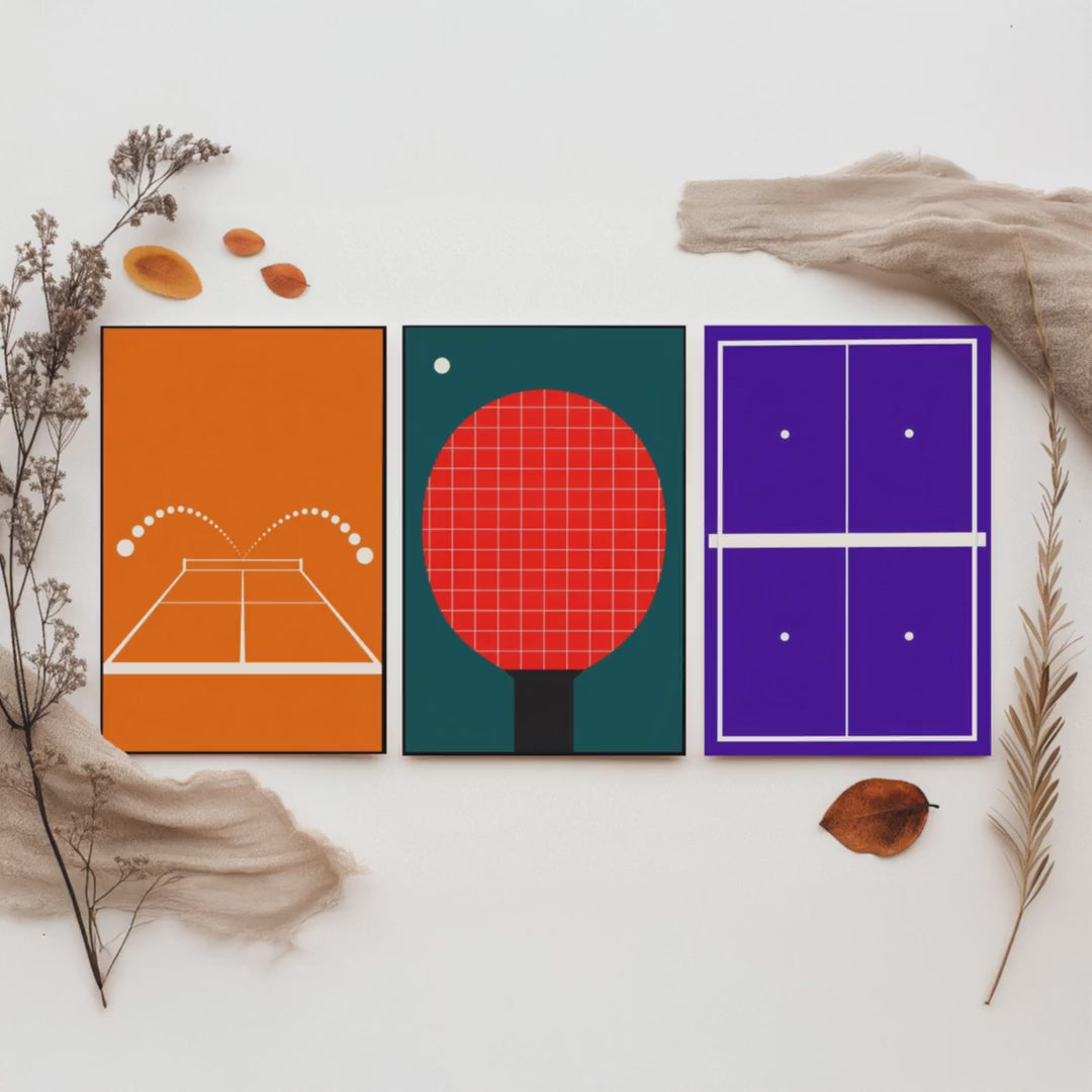 Table Tennis Set of Three Art Prints - 3 Retro Bauhaus Ping Pong Posters - Minimalist Sport Wall Art Illustration V2