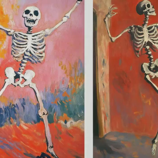 Halloween Dancing Skeleton Set of Three Art Prints - 3 Funny Paintings - Poster Wall Gift Giclée Holiday Bones Laughing Humour