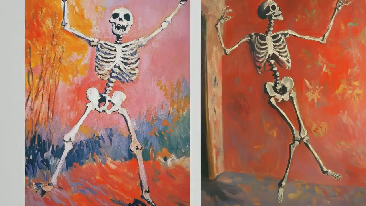 Halloween Dancing Skeleton Set of Three Art Prints - 3 Funny Paintings - Poster Wall Gift Giclée Holiday Bones Laughing Humour