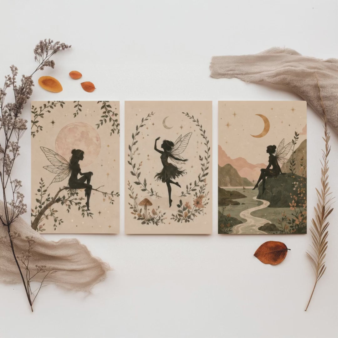 Set of Three Fairy & Moon Botanical Art Prints - Celestial Fairy Illustration - Whimsical Poster Wall Art Gift Nursery Decor V2