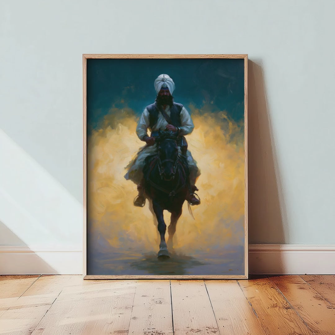 Nihang Sikh Warrior Art Print - Horseback Painting - Khalsa Rider Poster V2