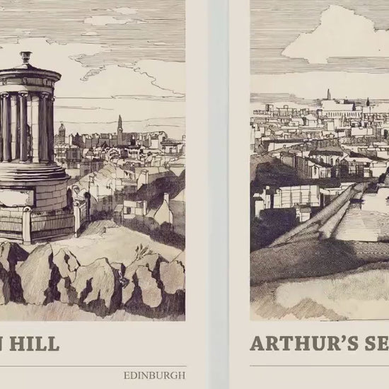 Set of Three Edinburgh Posters - Calton Hill, Arthur's Seat and Edinburgh Castle - 3 Pen Ink Drawing Art Prints Painting Sepia Aged Vintage