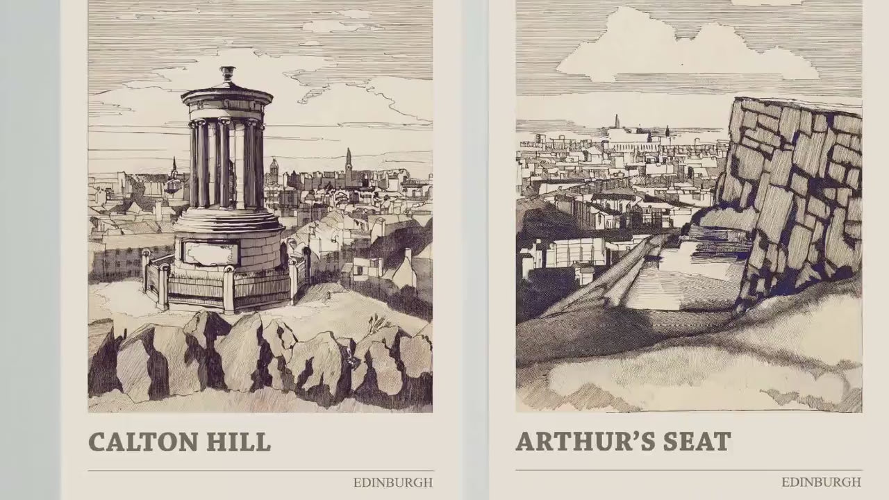 Set of Three Edinburgh Posters - Calton Hill, Arthur's Seat and Edinburgh Castle - 3 Pen Ink Drawing Art Prints Painting Sepia Aged Vintage