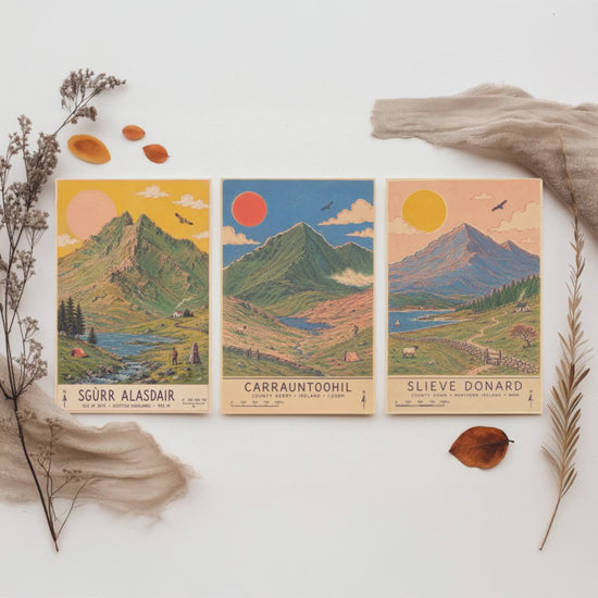 Extended Three Peaks Set of Three Travel Posters - Sgurr Alasdair, Carrauntoohil, Slieve Donard - Art Print Illustration Gift