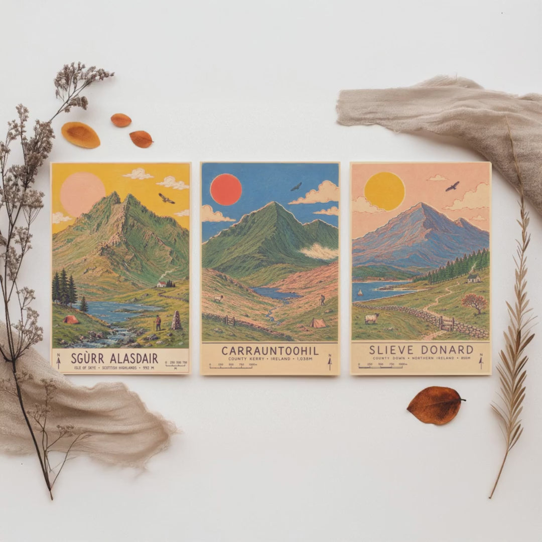 Extended Three Peaks Set of Three Travel Posters - Sgurr Alasdair, Carrauntoohil, Slieve Donard - Art Print Illustration Gift