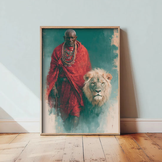 Maasai Warrior Art Print - White Lion Painting - African Safari Poster