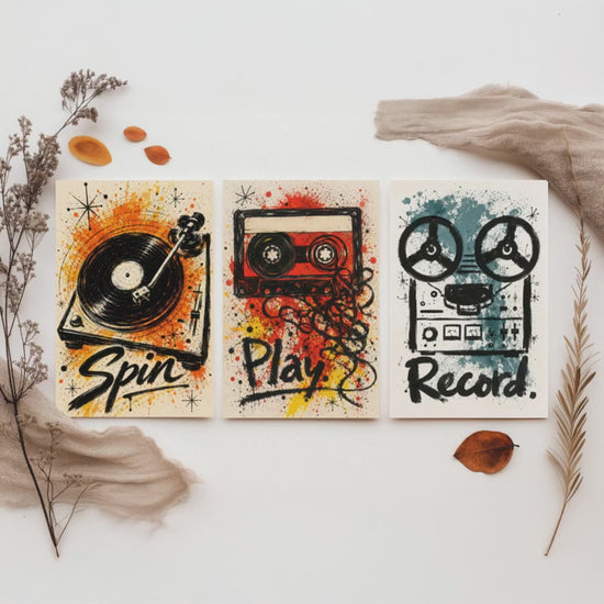 Vinyl Music Set of Three Art Prints - Spin, Play, Record - Turntable, Cassette, Tape Poster Illustration Gift Decor