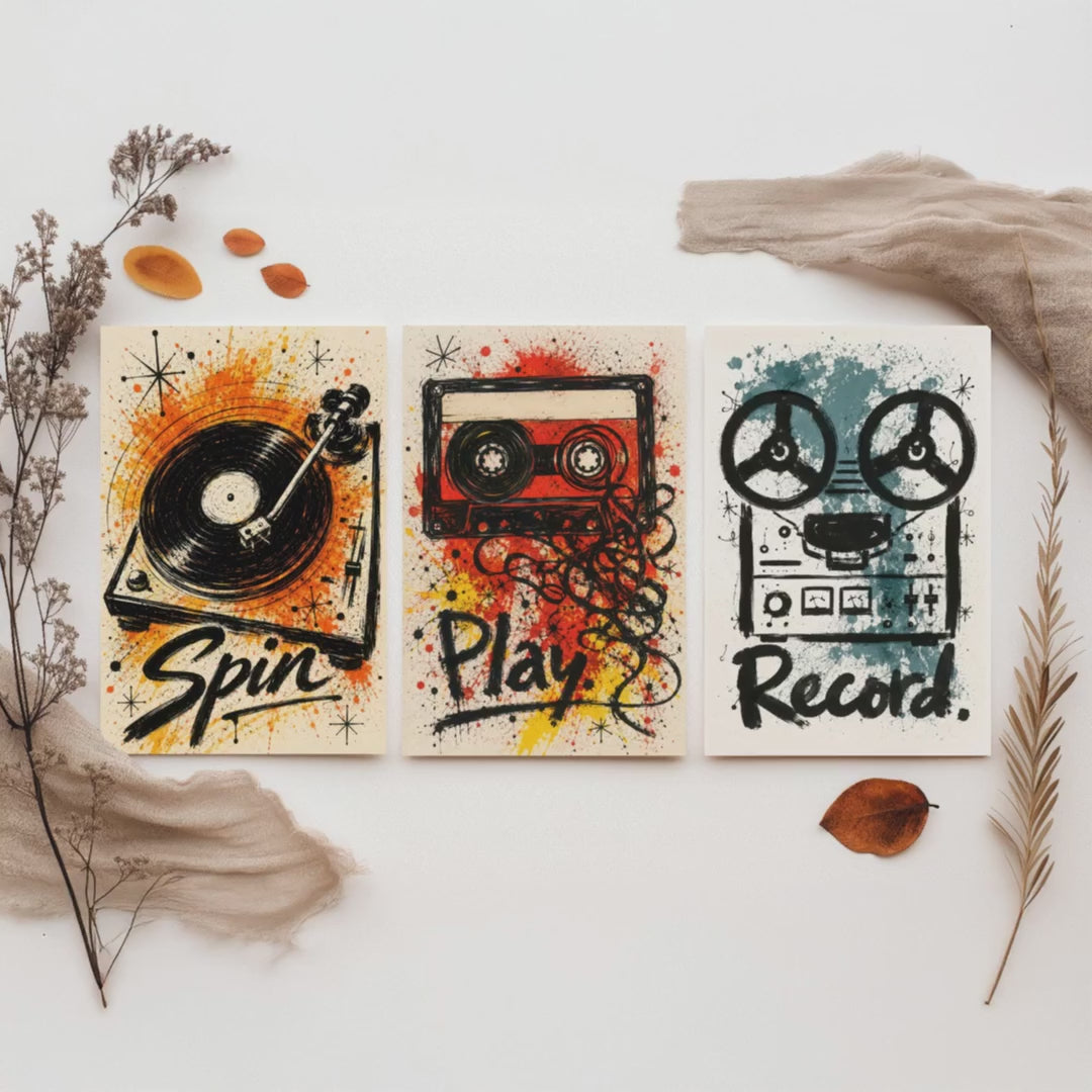 Vinyl Music Set of Three Art Prints - Spin, Play, Record - Turntable, Cassette, Tape Poster Illustration Gift Decor