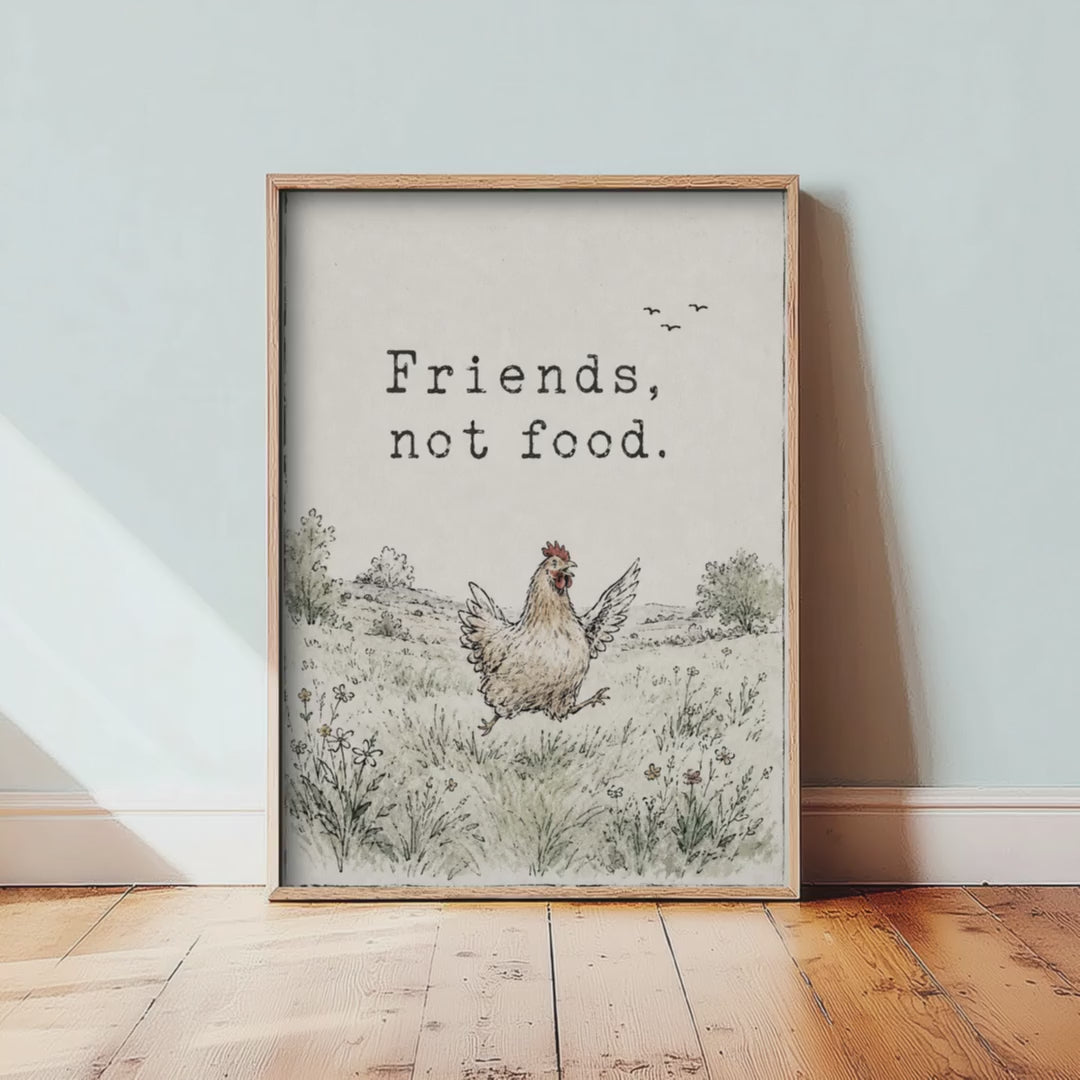 Friends Not Food Art Print - Storybook Vegan Quote Poster - Hen Watercolour Wall Art 1/3
