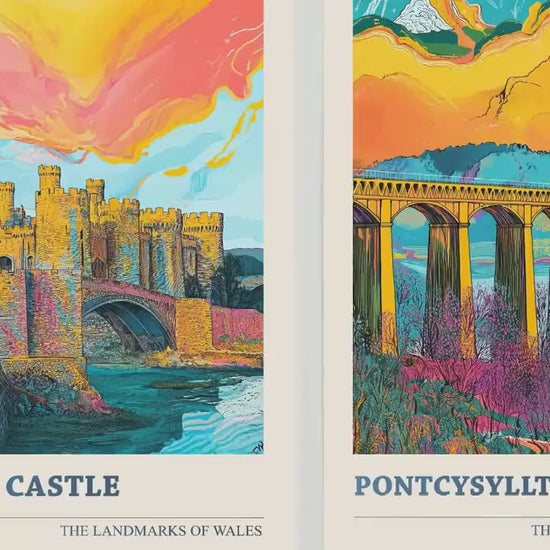 Landmarks of Wales Set of Three Art Prints - Conwy Castle, Pontcysyllte Aqueduct, Menai Bridge Posters - 3 Photo Painting Illustration Visit