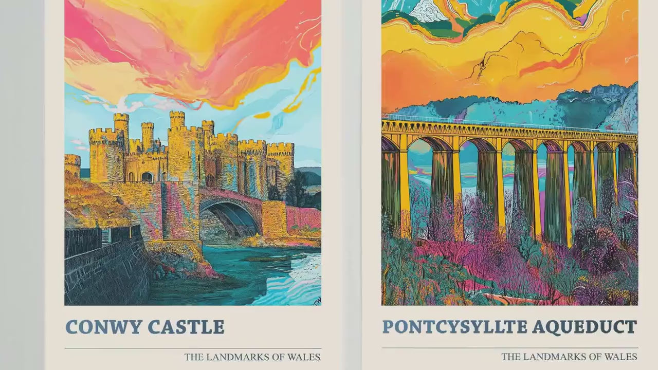 Landmarks of Wales Set of Three Art Prints - Conwy Castle, Pontcysyllte Aqueduct, Menai Bridge Posters - 3 Photo Painting Illustration Visit