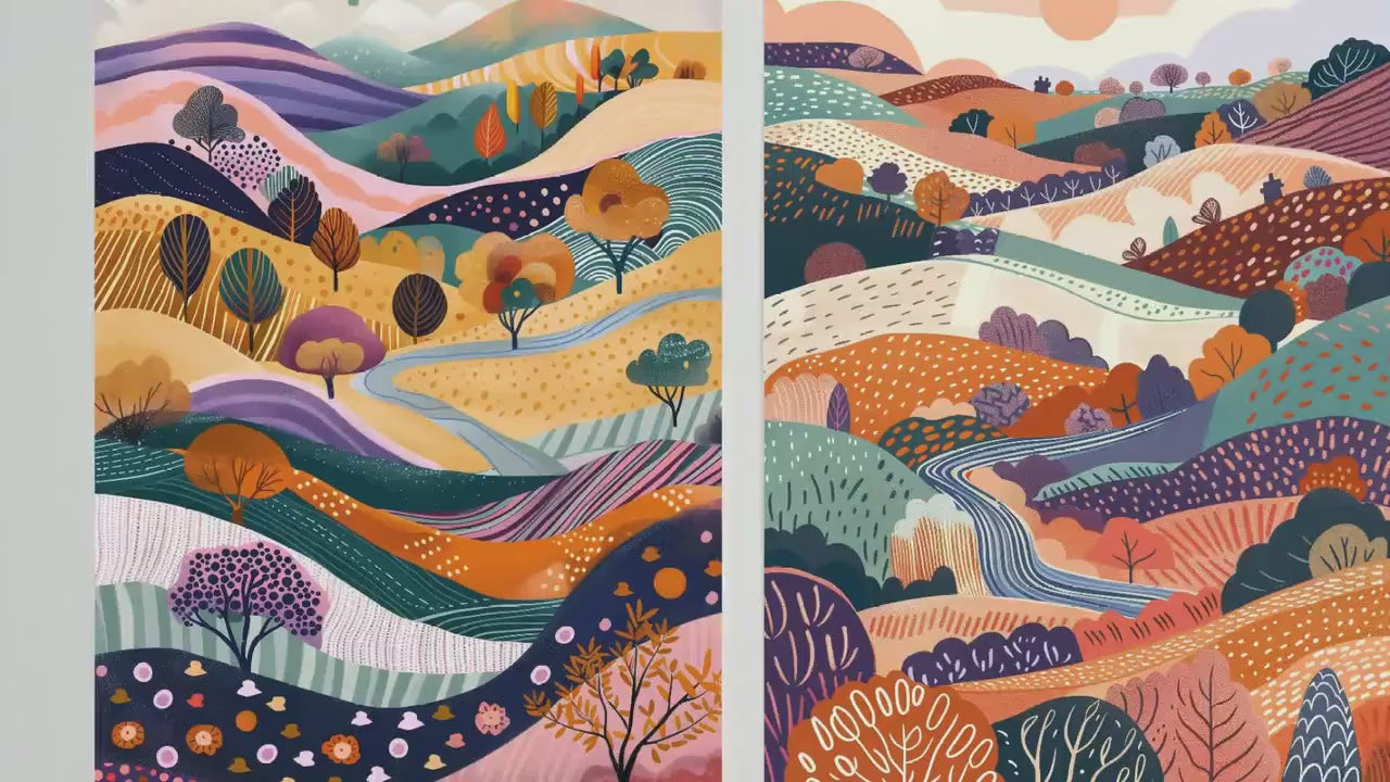 Purple Flowing English Landscapes - Set of Three Abstract Prints - Malham Appletreewick, Poster, Art, Painting Valley Yorkshire Dales
