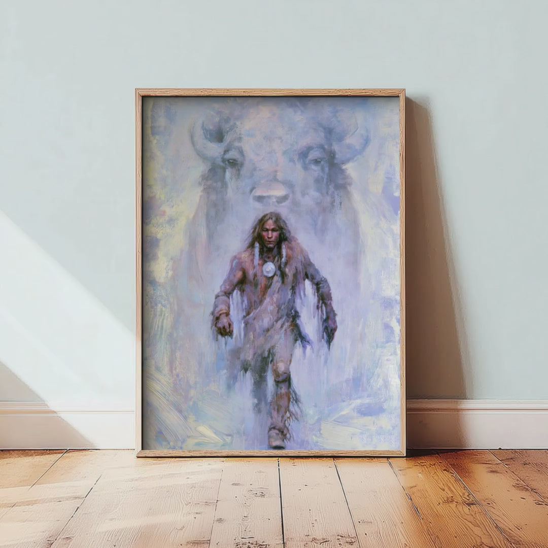 Native American Warrior Art Print - Spirit Bison Painting - Buffalo Poster