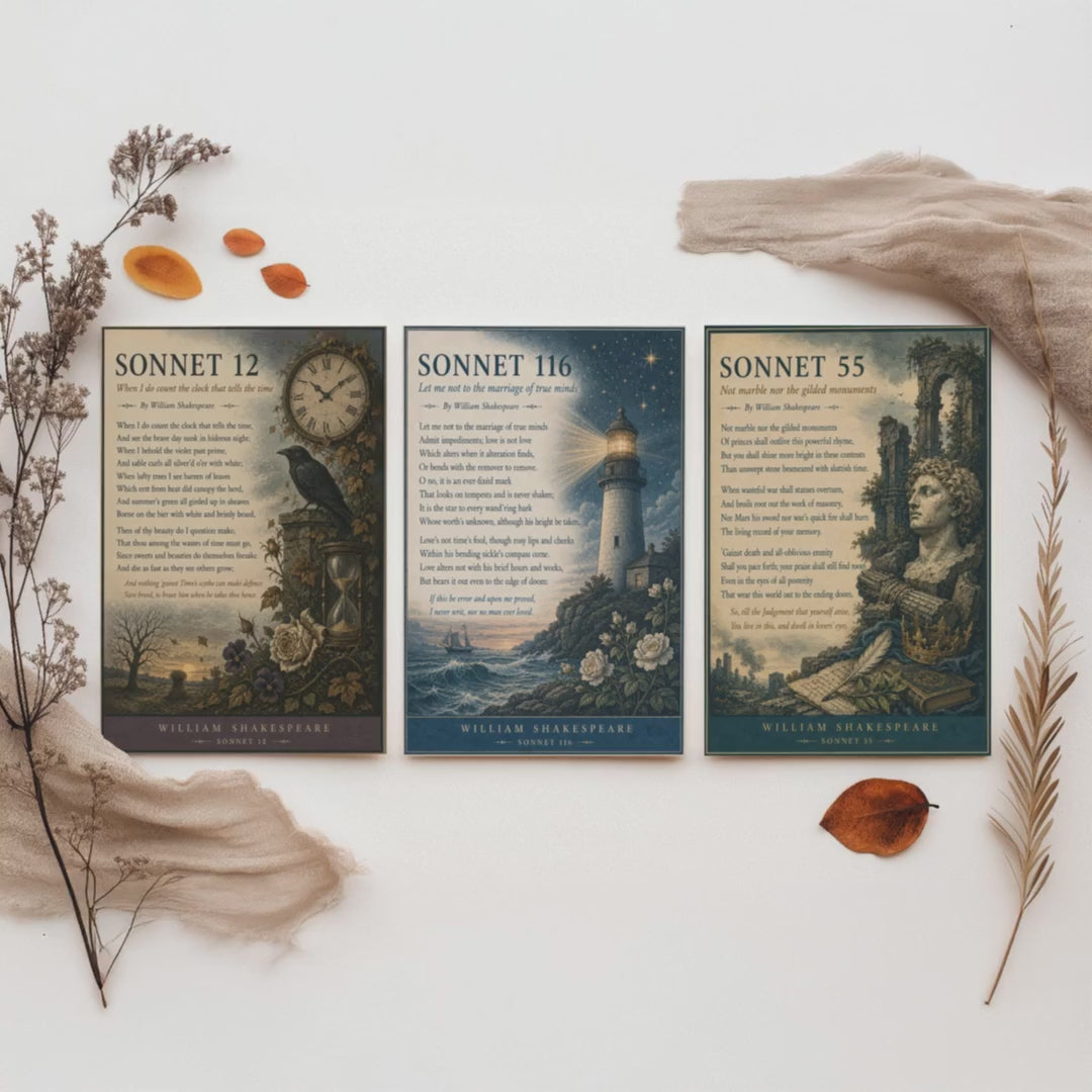 Set of Three Shakespeare Sonnet Prints - Sonnet 12, 116 & 55 - Vintage Literary Art Print Poster Wall Gift Illustration Poem