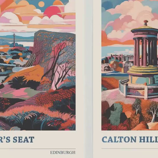 Set of Three Edinburgh Posters - Arthur's Seat, Calton Hill & Edinburgh Castle - 3 Abstract Colourful Art Prints Painting Illustration