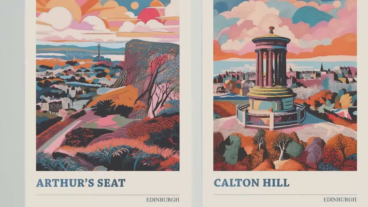 Set of Three Edinburgh Posters - Arthur's Seat, Calton Hill & Edinburgh Castle - 3 Abstract Colourful Art Prints Painting Illustration