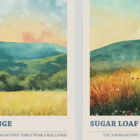 The Abergavenny Three Peaks Challenge - Set of Three Art Prints - 3 Posters - Sugar Loaf, Skirrid & Blorenge Mountain Painting Golden Calm