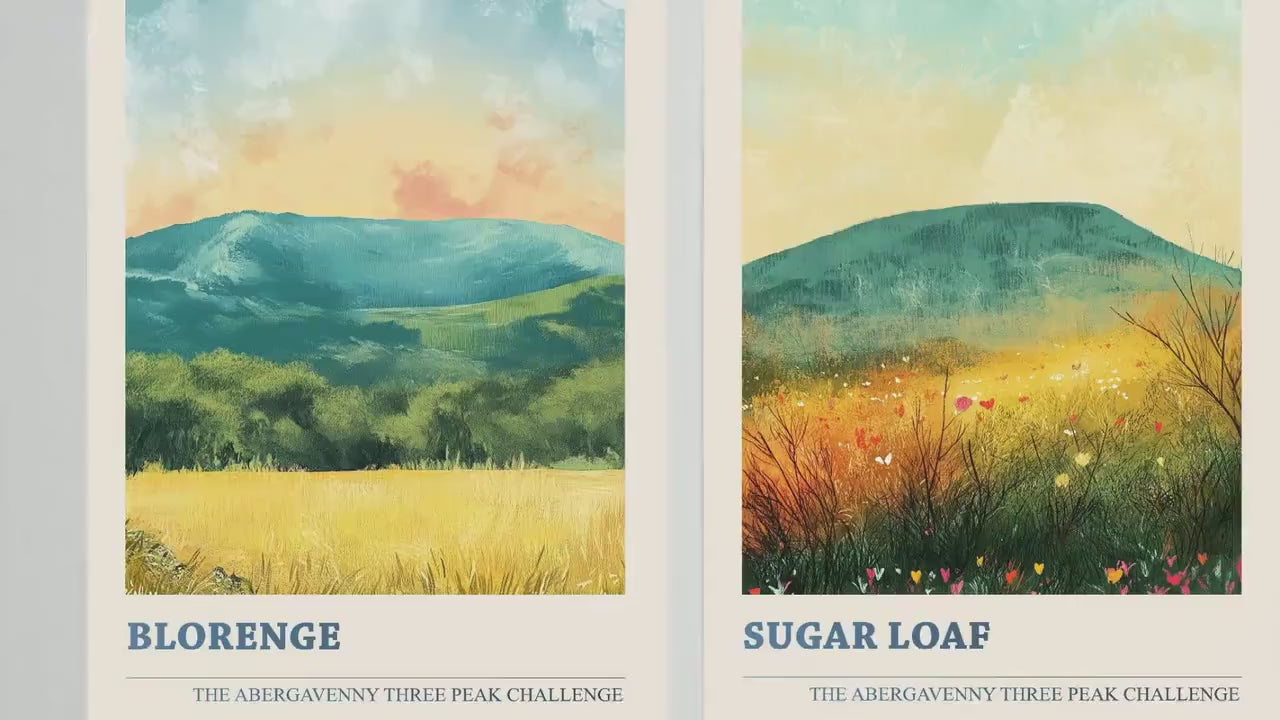 The Abergavenny Three Peaks Challenge - Set of Three Art Prints - 3 Posters - Sugar Loaf, Skirrid & Blorenge Mountain Painting Golden Calm