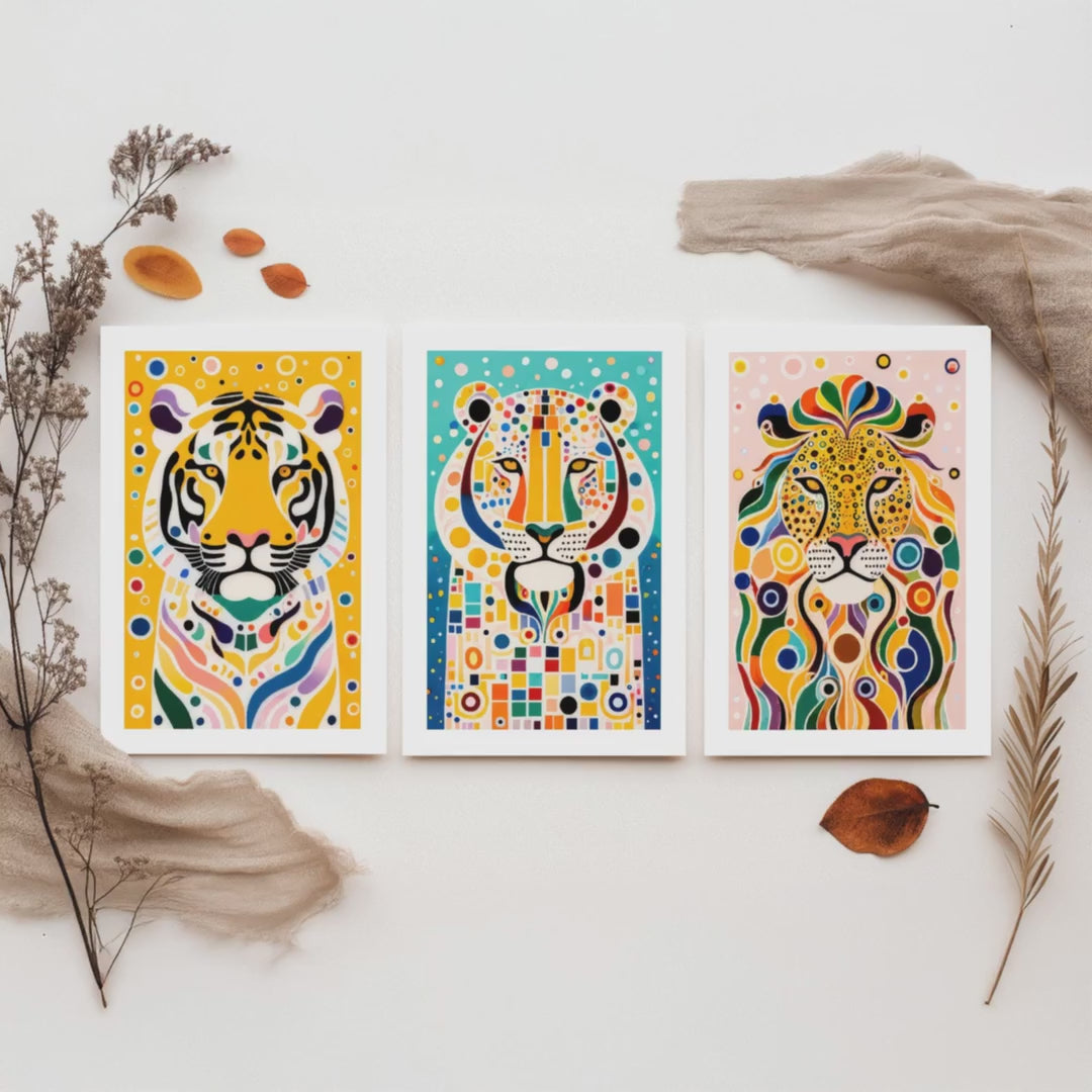 Rainbow Big Cats Set of Three Art Prints - Lion, Cheetah, Tiger Paintings - Colourful Wildlife Poster Wall Art Gift Decor