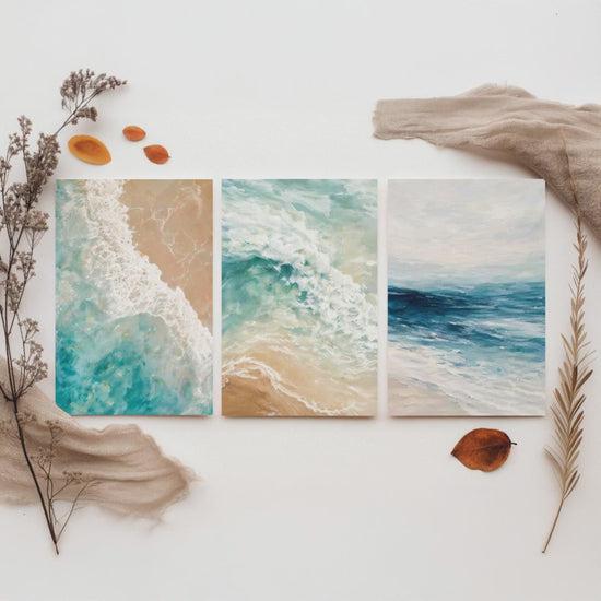 Ocean Wave Set of Three Art Prints - 3 Teal Blue Coastal Seascapes - Abstract Sea Poster Illustration Beach Wall Art V1