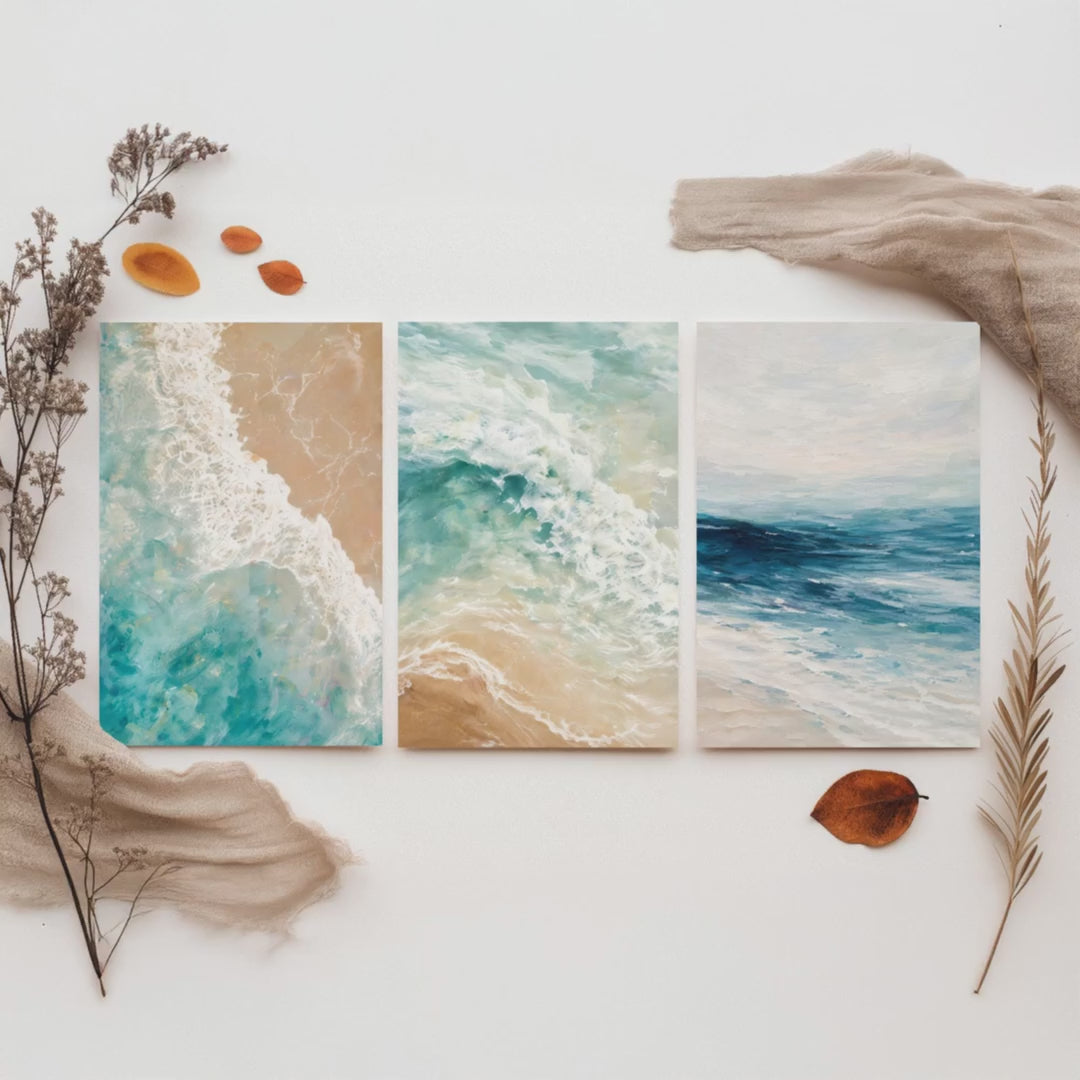 Ocean Wave Set of Three Art Prints - 3 Teal Blue Coastal Seascapes - Abstract Sea Poster Illustration Beach Wall Art V1