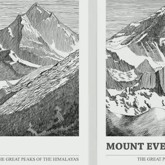 The Great Mountain Peaks, Set of Three Posters - Kangchenjunga, K2, Mount Everest Art Prints - Black and White Ink Sketches Illustrations