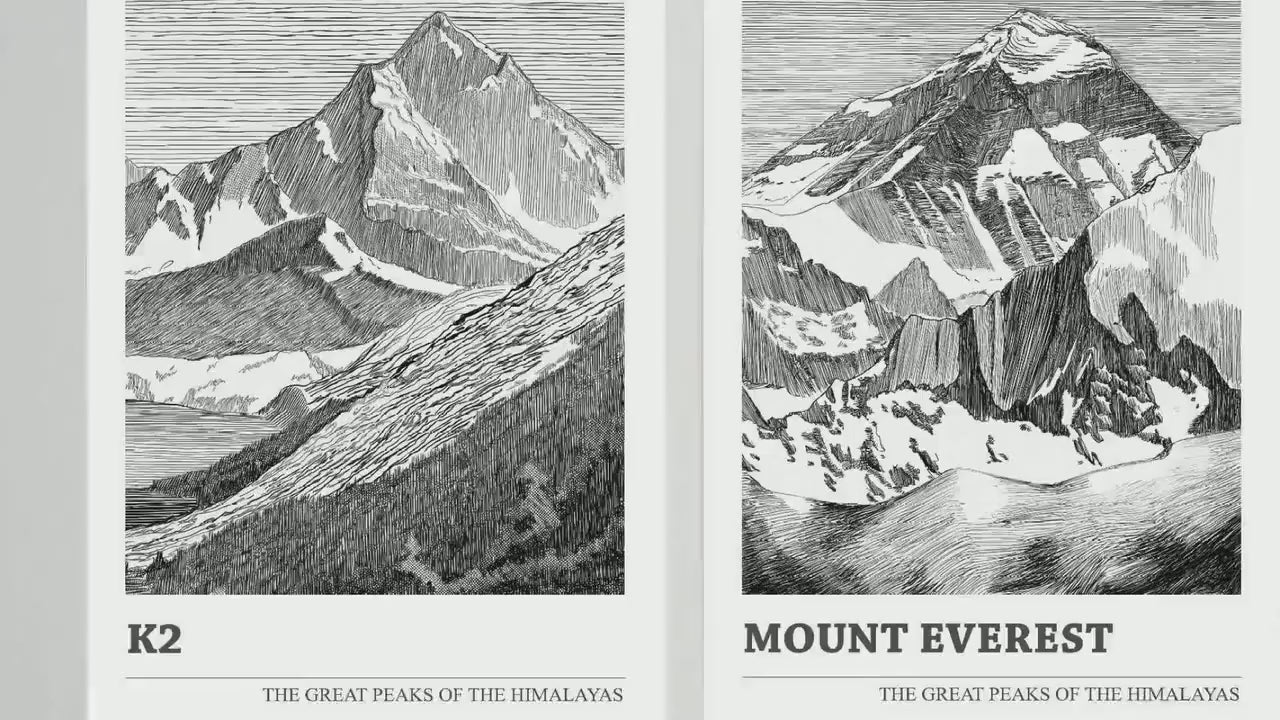 The Great Mountain Peaks, Set of Three Posters - Kangchenjunga, K2, Mount Everest Art Prints - Black and White Ink Sketches Illustrations