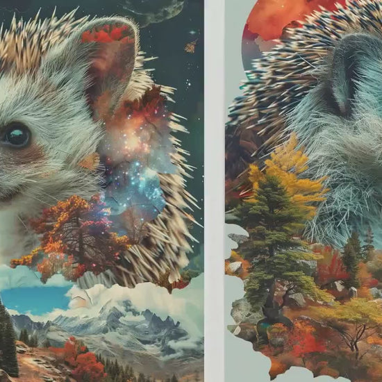 Set of Three Hedgehog Art Prints - Double Exposure Wildlife Posters - Animal Photo Painting Artistic Nature Woodland Critter Hedge Hog