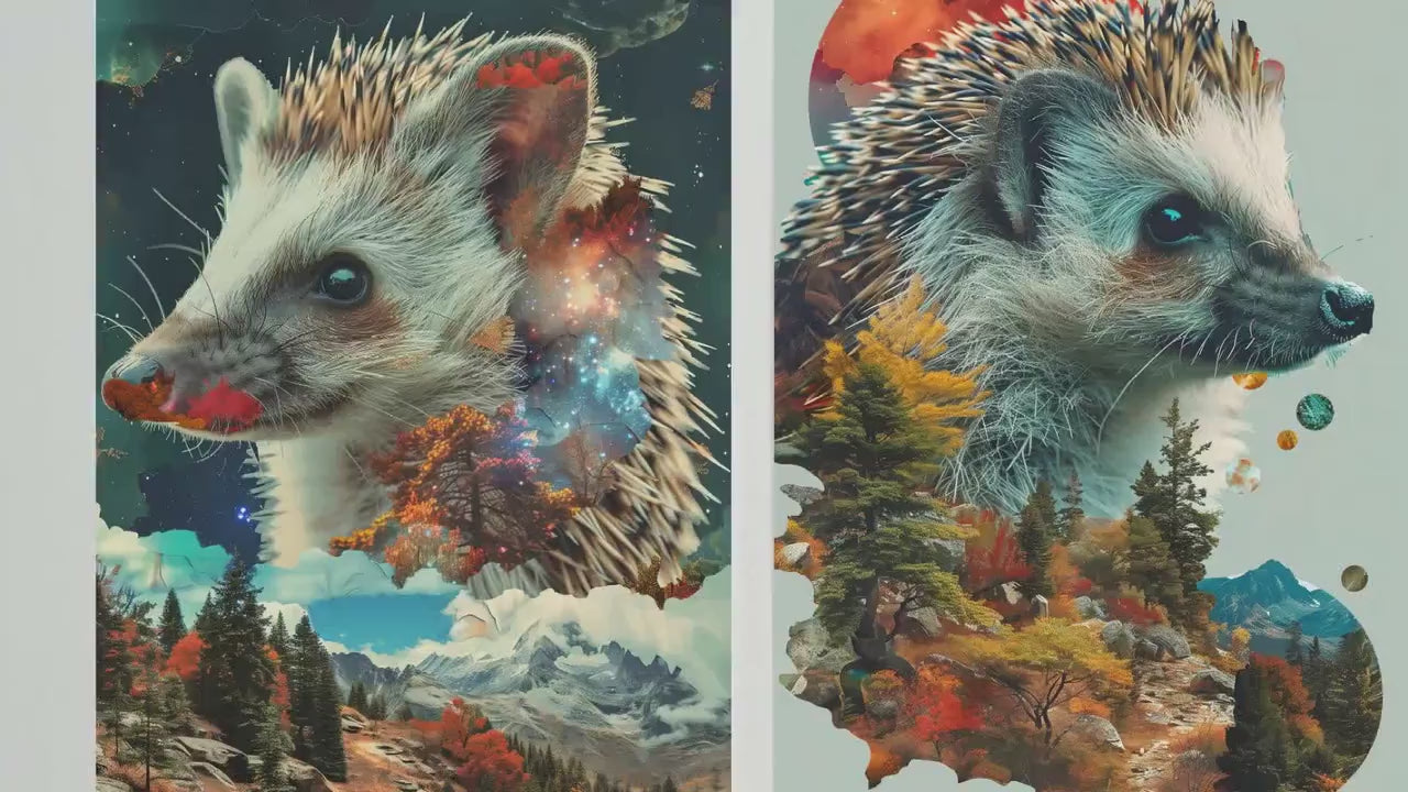 Set of Three Hedgehog Art Prints - Double Exposure Wildlife Posters - Animal Photo Painting Artistic Nature Woodland Critter Hedge Hog