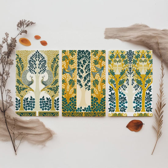 Scottish Book of the Woodlands Art Prints - Set of Three Teal & Gold Forest Posters - Peacock and Owl Paintings V9